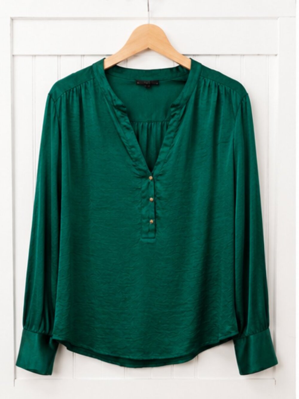 The Limited Emerald Green Satin Blouse Large Long Sleeve Split Neck Career Top